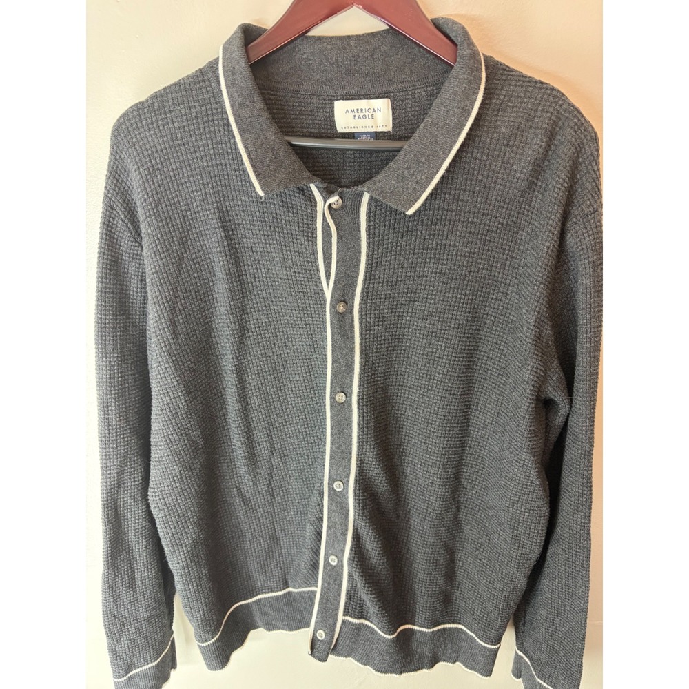 American Eagle Mens Large Gray Waffle Knit Button Front Cardigan Polo Sweater